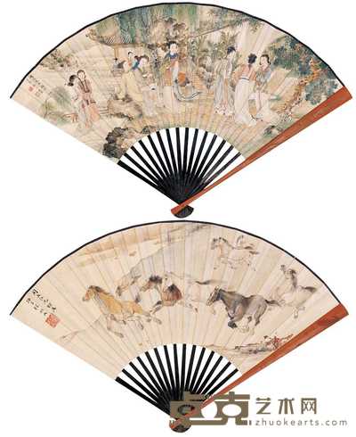 潘志云 徐韶九 金陵十二仕女图 八骏图 成扇 55×20cm